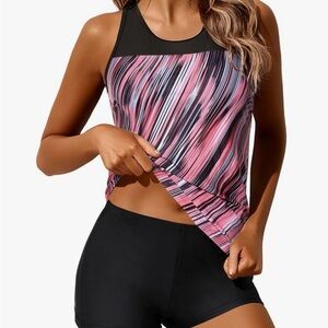 Women's Pink and Black Striped Swim Tankini